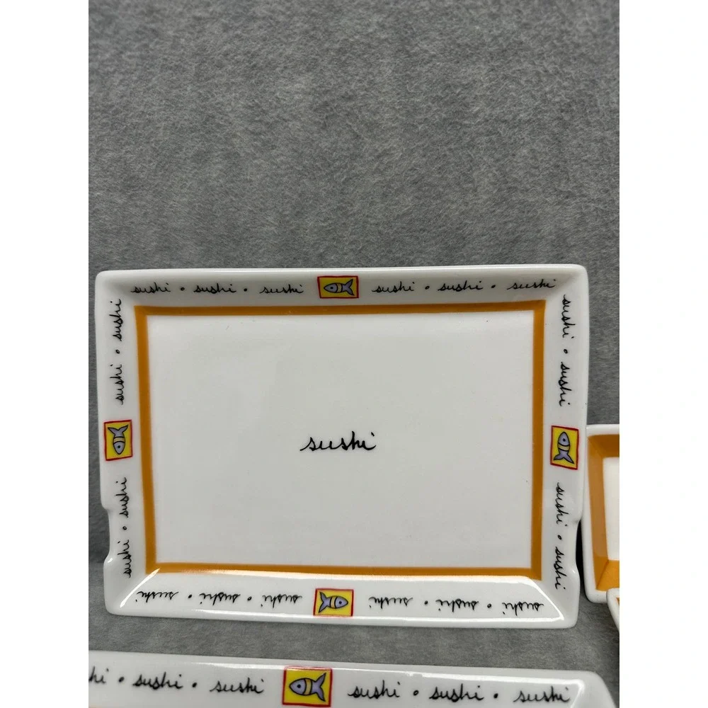 VTG‎ Joie De Vivre Sushi Serving Set 5pc White Yellow Fish Pattern Plates